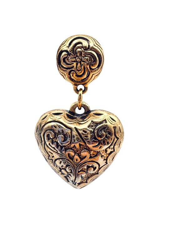 Vintage Jewelry - Vintage Puffy Heart Dangle Earrings Gold Tone Floral Embossed Western Cottage